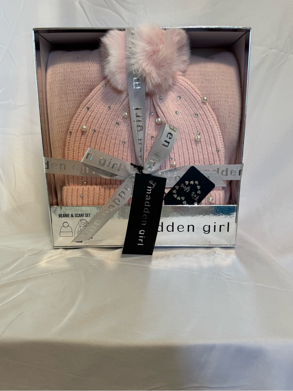 Madden Girl Light Pink Beanie & Scarf Gift Set with Faux Fur Pom